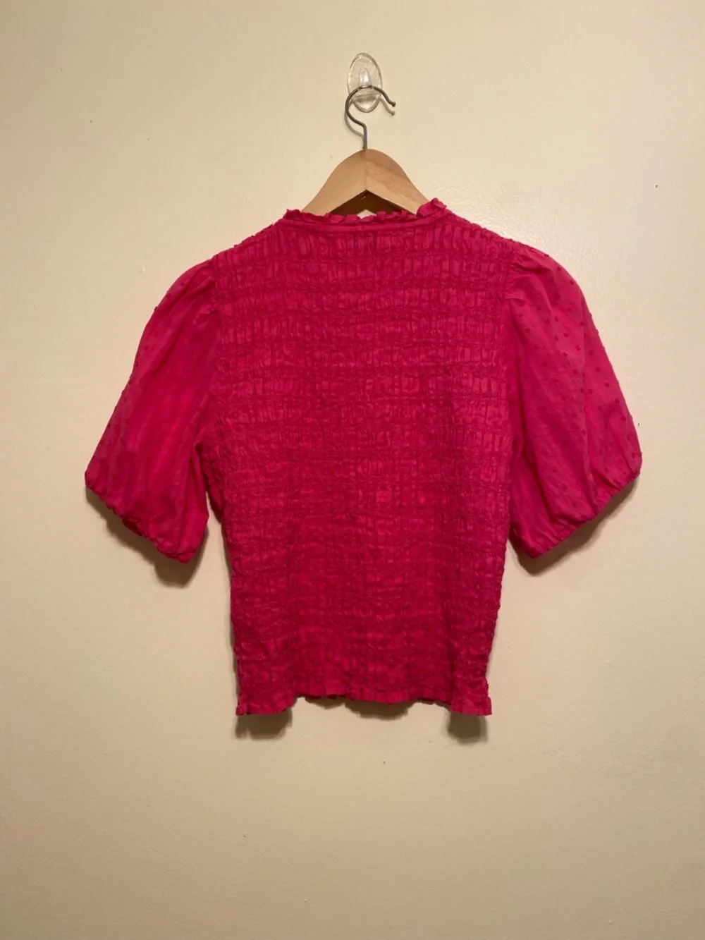 J. Crew Bright Pink Puff-Sleeve Smocked Top. Size S . Style BI436